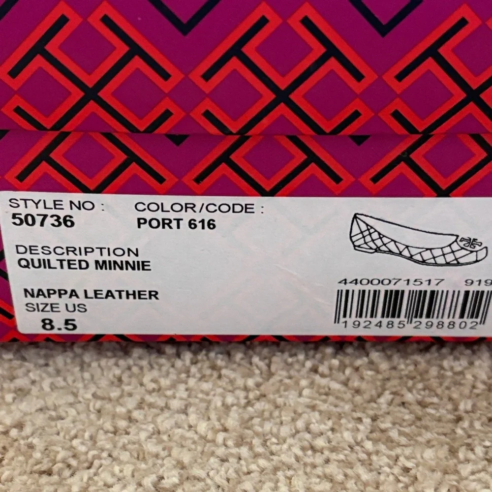 Tory Burch Dark Port Purple Quilted Minnie Travel Nappa Leather Flats Gold Logo - Picture 3 of 10